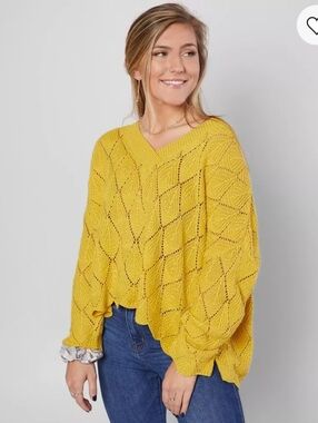 Daytrip Mustard Yellow Openwork V-Neck Knit Sweater